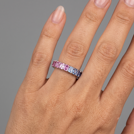 Pink & Blue Sapphire Emerald-Cut Eternity Ring in 14K White Gold