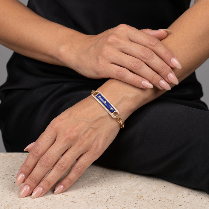 Lapis Inlay Diamond Frame Star Bar Charm Bracelet in 14K Yellow Gold