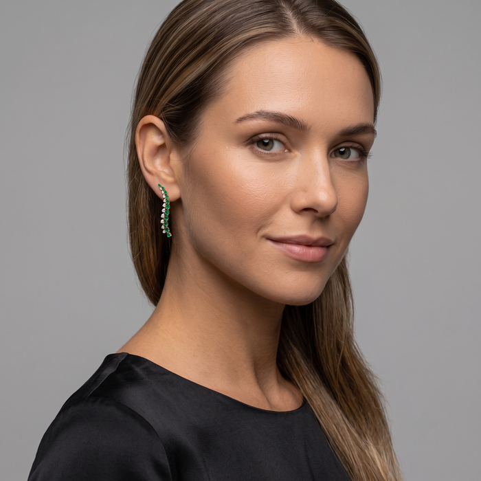 Emerald Diamond Leaf Curve Drop Earrings in 14K Yellow Gold
