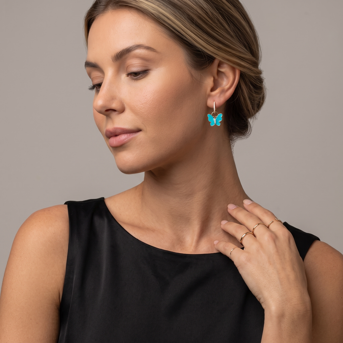 Turquoise Butterfly 14K (or 18k upon request) Yellow Gold Diamond Drop Earrings