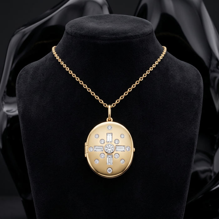 Celestial Cross Diamond Locket Necklace in 14K Yellow Gold