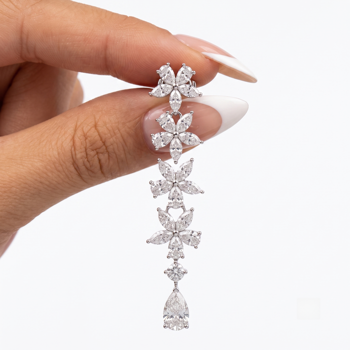 Flowers Petal Diamond Drop Earrings in 18K White Gold