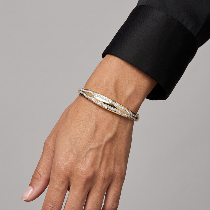 106 Dual Diamond Wave Design 14K (or 18k upon request) Yellow Gold Bangle Bracelet