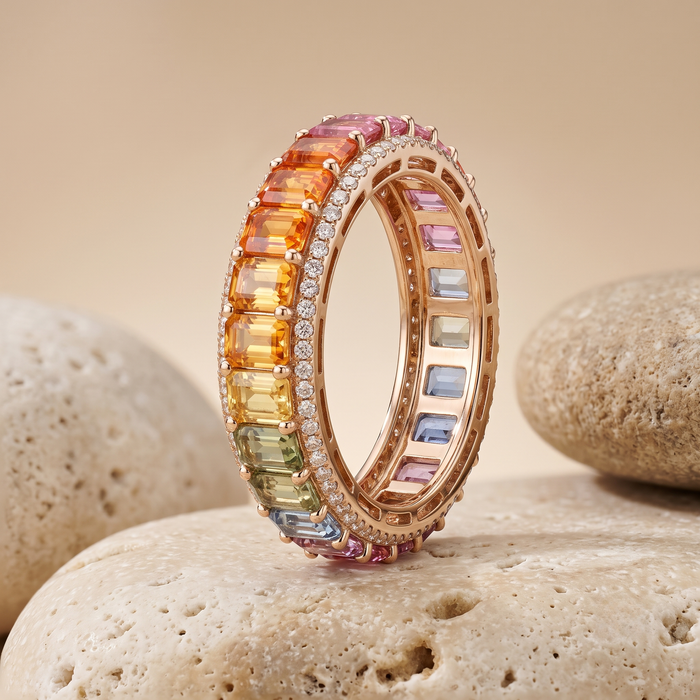 Colorful Gemstone 14K Diamond Band Ring