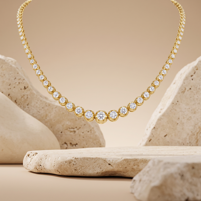 5ct Round Diamond 14K Gold Graduated Bezel Tennis Necklace