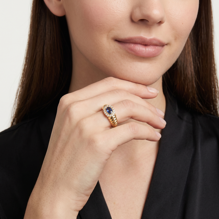 Deep Oval-Cut Blue Sapphire 14K Diamond Halo Ring
