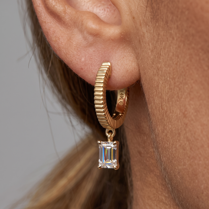 Emerald Cut Drop Charm Huggie Earrings in 14K Yellow Gold