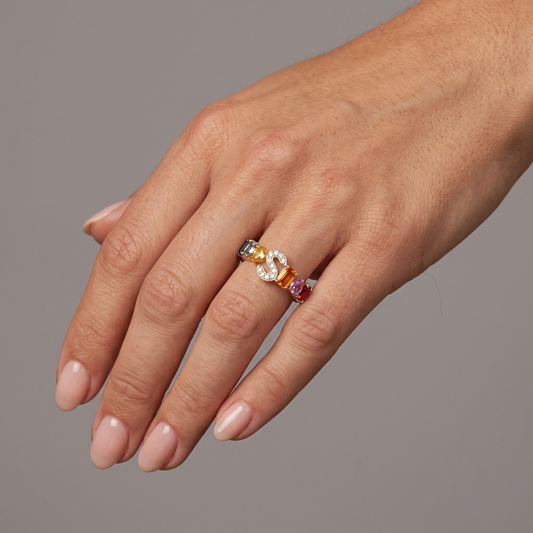 Multi-Color Gemstone 14K Gold "s" Initial Ring