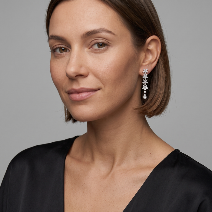 Flowers Petal Diamond Drop Earrings in 18K White Gold