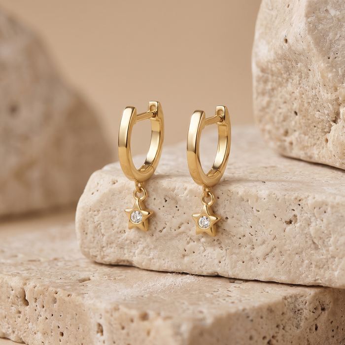 Gold Star Charm Diamond Hoop Earrings in 14K Gold