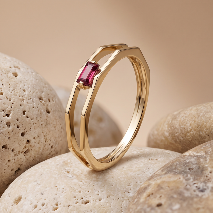 Hexagon Open Band Baguette Ruby Ring in 14K Yellow Gold