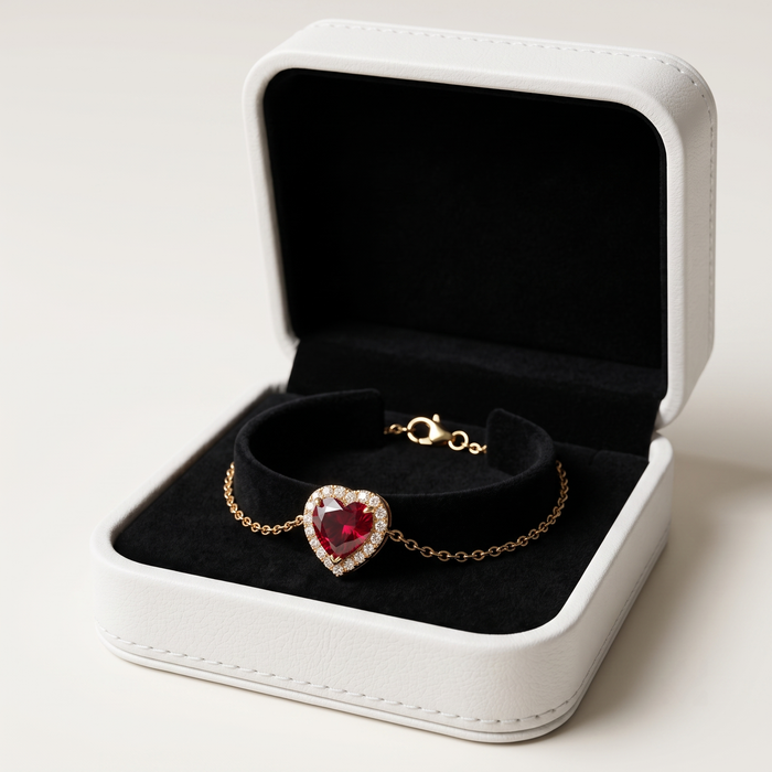 Scarlet Love Heart Shaped Gemstone Charm Bracelet in 14K Gold