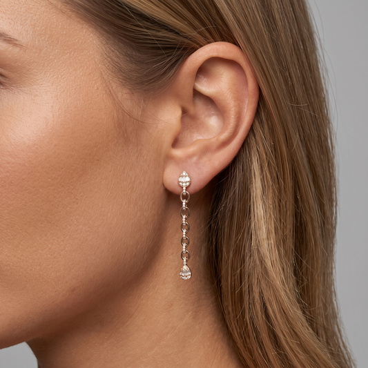 Teardrop Chain Link 14K (or 18k upon request) Yellow Gold Diamond Drop Earrings
