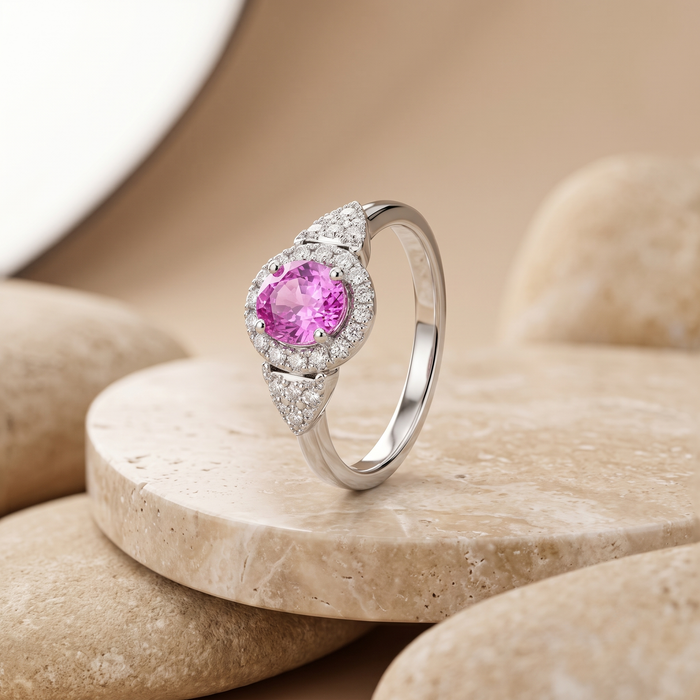 Elegant Oval Pink 14K Sapphire Diamond Halo Ring
