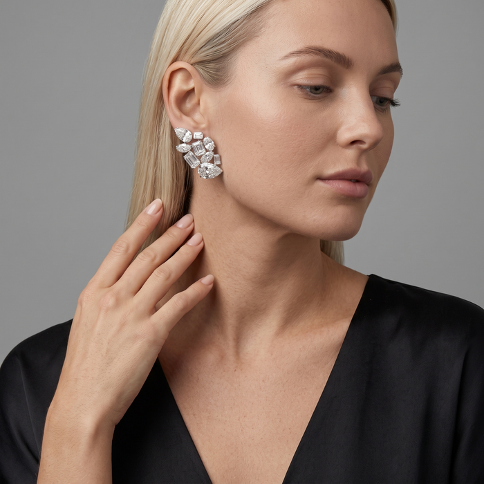 Magnificent Statement Diamond Cluster 14K White Gold Earrings