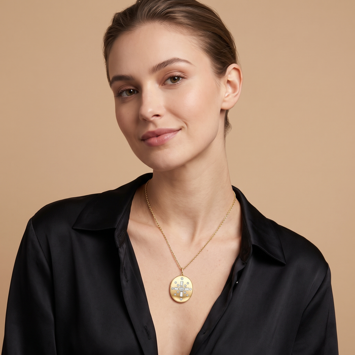 Celestial Cross Diamond Locket Necklace in 14K Yellow Gold