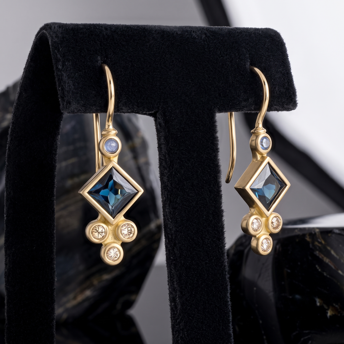 Princess Cut Sapphire Diamond (or 18k upon request) 14K Yellow Gold Drop Earrings