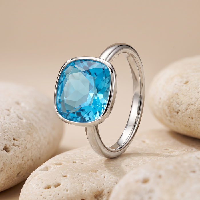 Classic Blue Topaz 14K White Gold Cushion Cut Ring