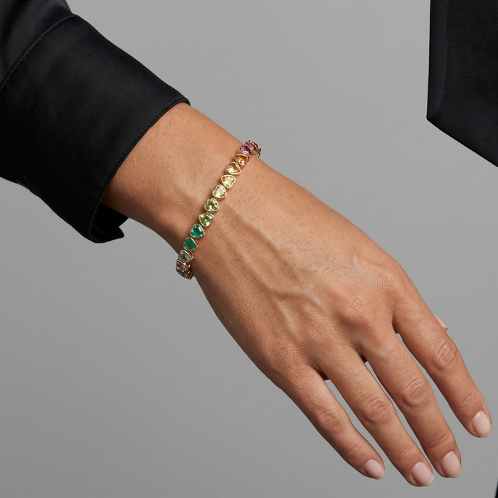 Heart-Cut Rainbow Gemstone 14K Yellow Gold Tennis Bracelet
