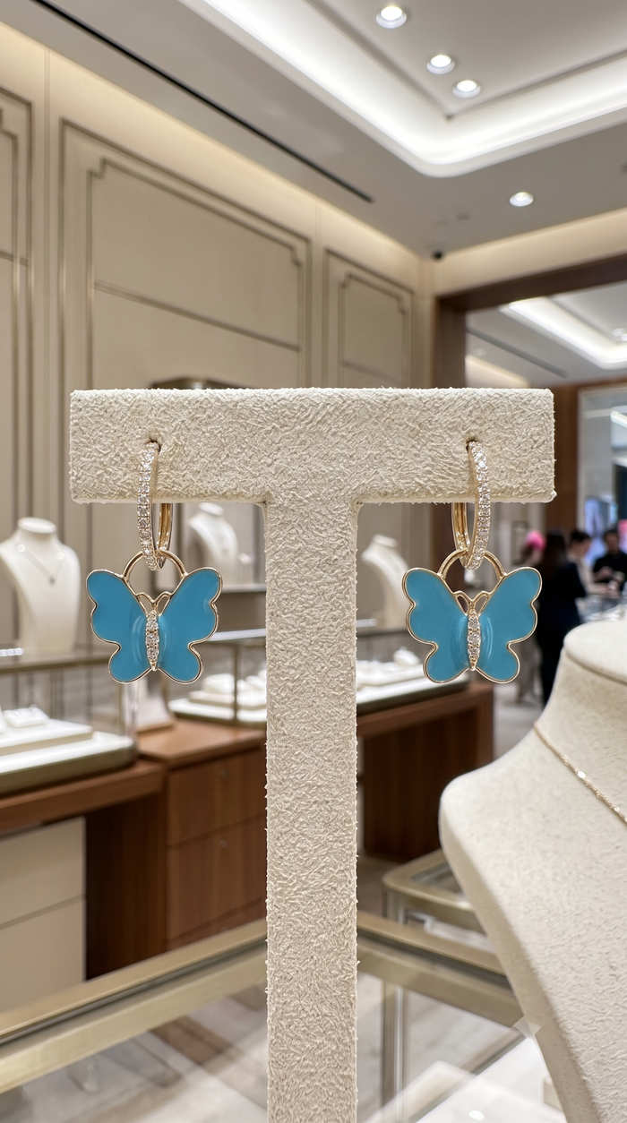 Turquoise Butterfly 14K (or 18k upon request) Yellow Gold Diamond Drop Earrings