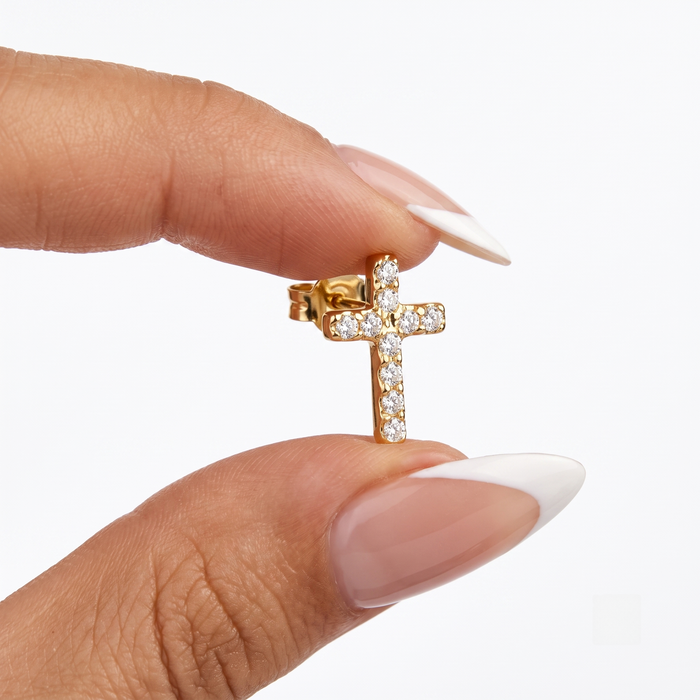 Cross Shape Diamond Stud Earrings in 14K Yellow Gold