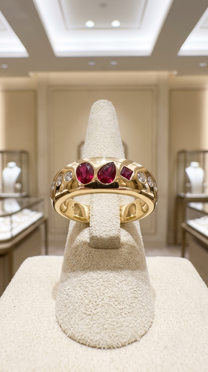Multi Shape Ruby Diamond Accent Band Ring in 14K Yellow Gold