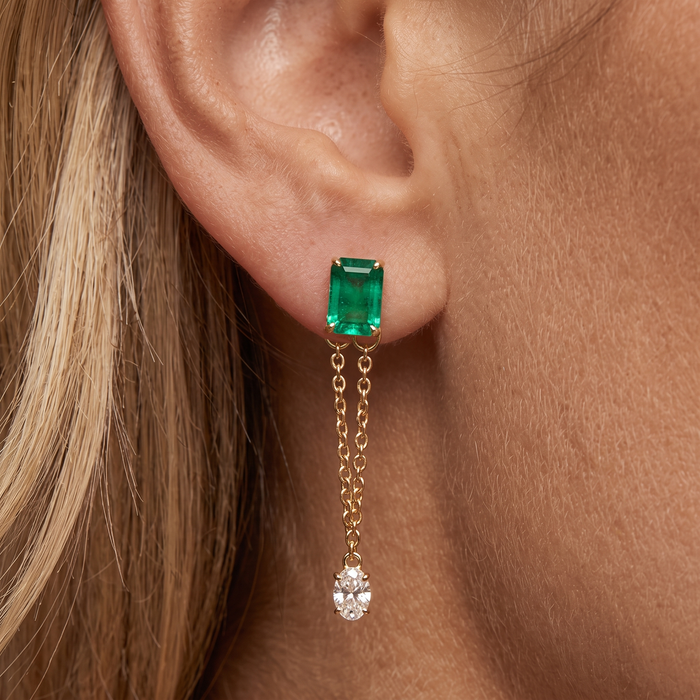 Emerald Drop Oval Diamond Chain Earrings in 14K Yellow Gold