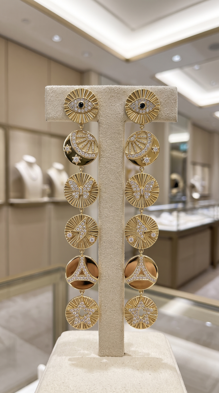 Celestial Medallion Charm Drop Earrings in 14K Yellow Gold