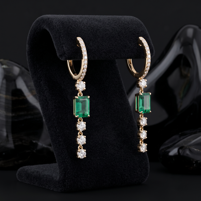 Emerald Cut Diamond Drop Hoop Earrings in 14K Gold