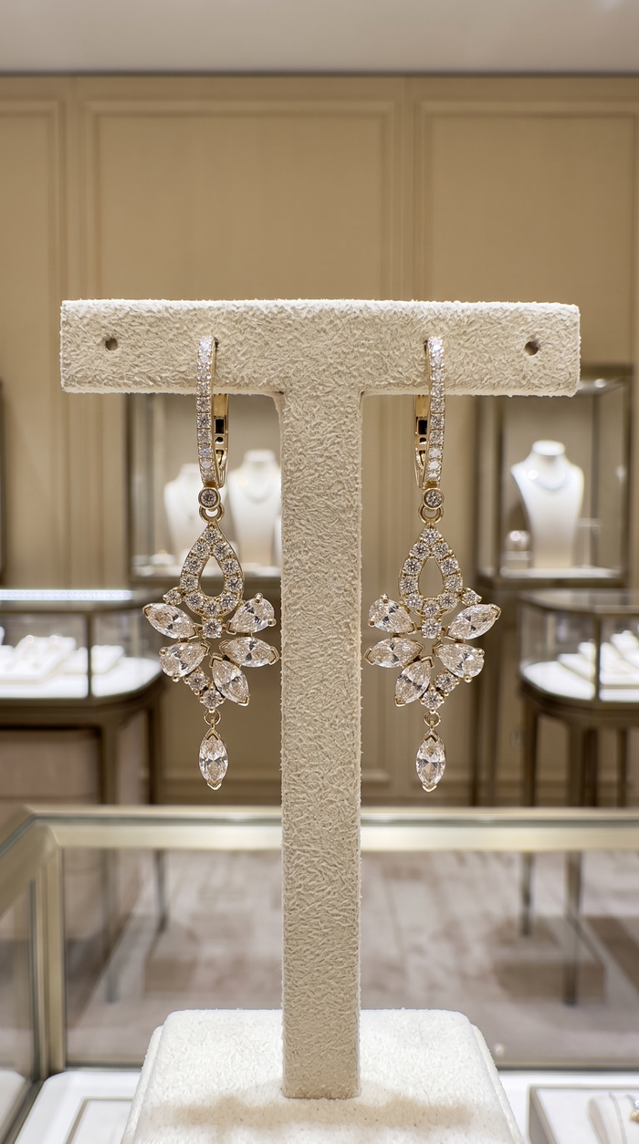 Cluster Diamond Teardrop Dangle Earrings in 14K Yellow Gold
