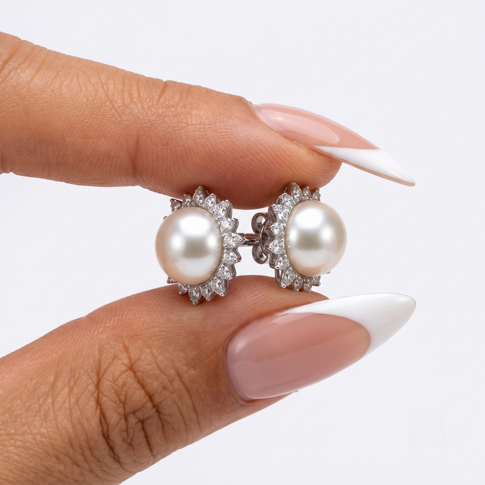 Pearl Halo 14K White Gold Statement Diamond Earrings