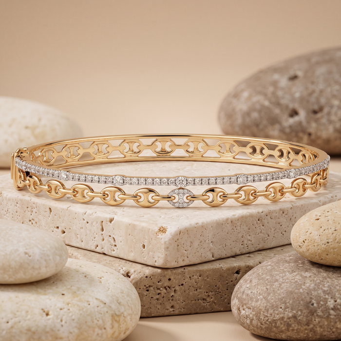 Motif Bangle Chain Diamond Pave Bracelet in 14K Gold