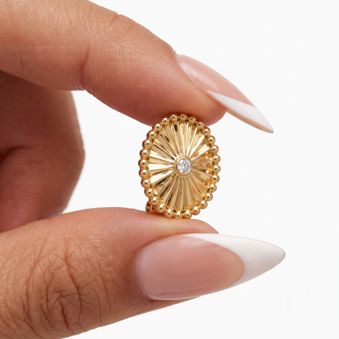 Radiant Beaded Oval Diamond Stud Earrings in 14K Yellow Gold