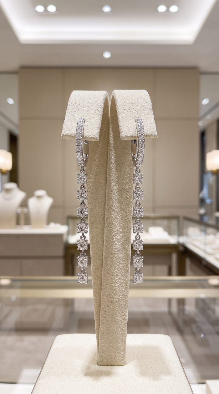Diamond Huggie Chain Drop Earrings in 14K White Gold