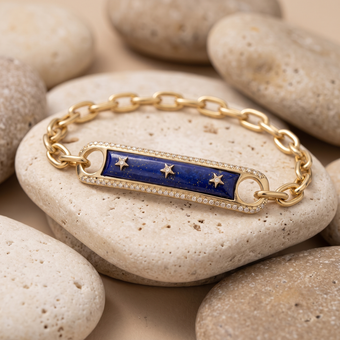 Lapis Inlay Diamond Frame Star Bar Charm Bracelet in 14K Yellow Gold