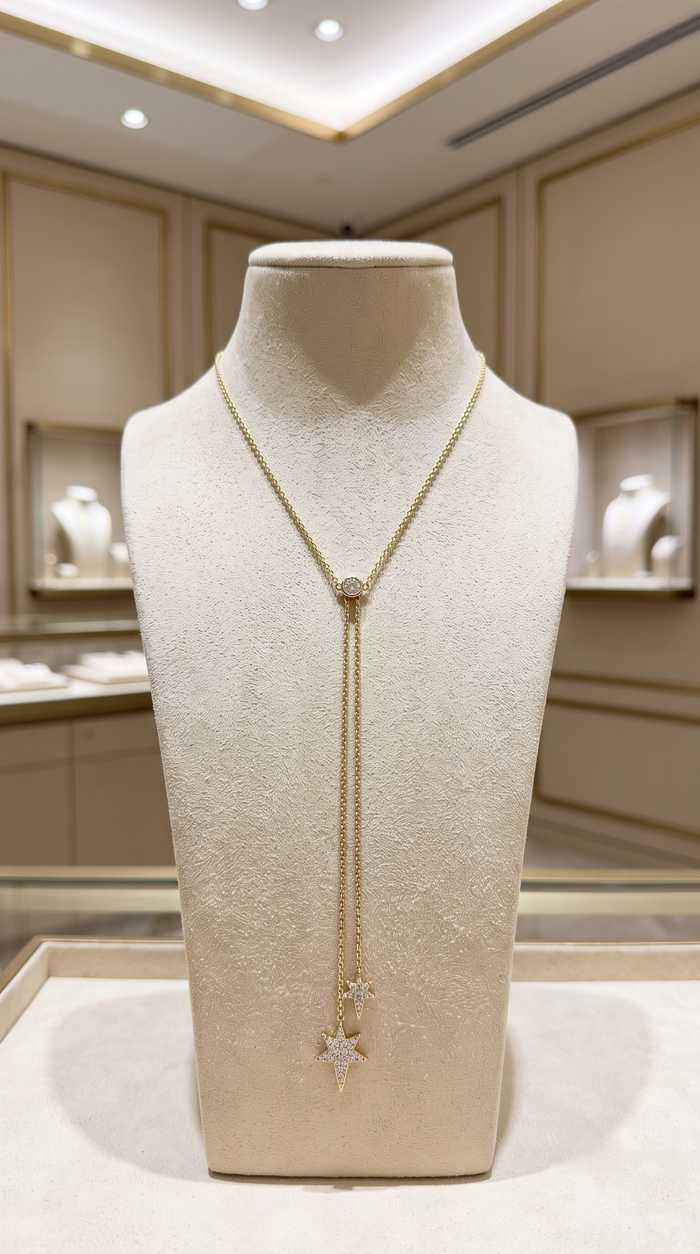 Multi-Sapphire Diamond Star Lariat Necklace in 14K Yellow Gold