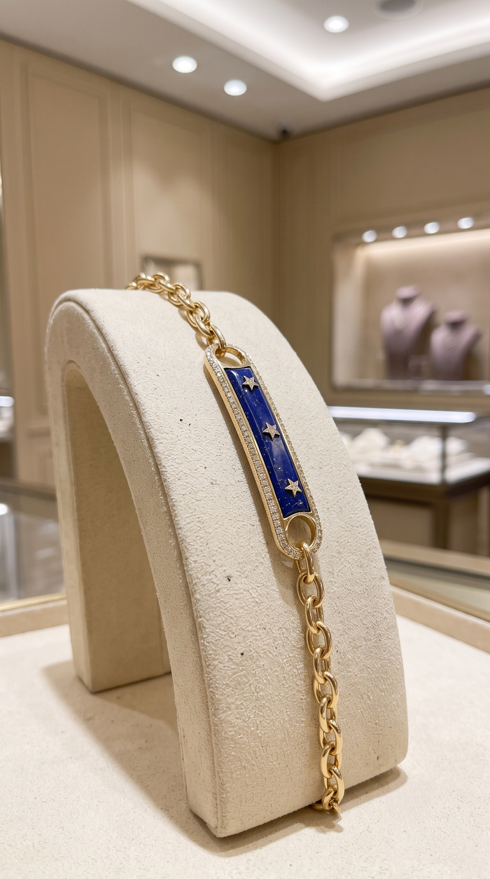 Lapis Inlay Diamond Frame Star Bar Charm Bracelet in 14K Yellow Gold