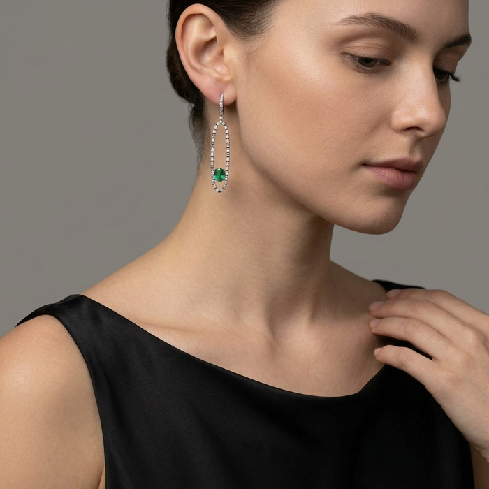 Blackened Oval Drop Green Emerald Earrings in 18K White Gold