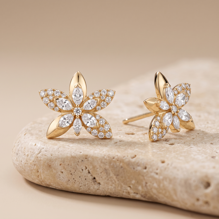 Marquise Diamond Five Petal Flower Stud Earrings in 14K Yellow Gold