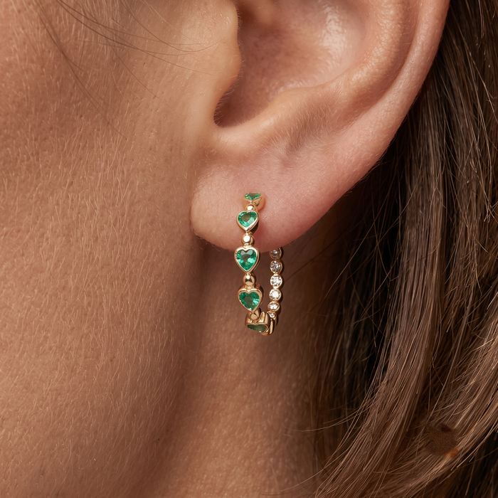 Emerald Embrace Heart Hoop Earrings in 14K Yellow Gold