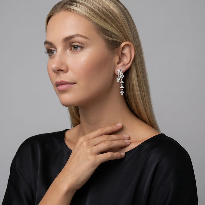 Round Baguette Round Diamond Earrings in 18K White Gold