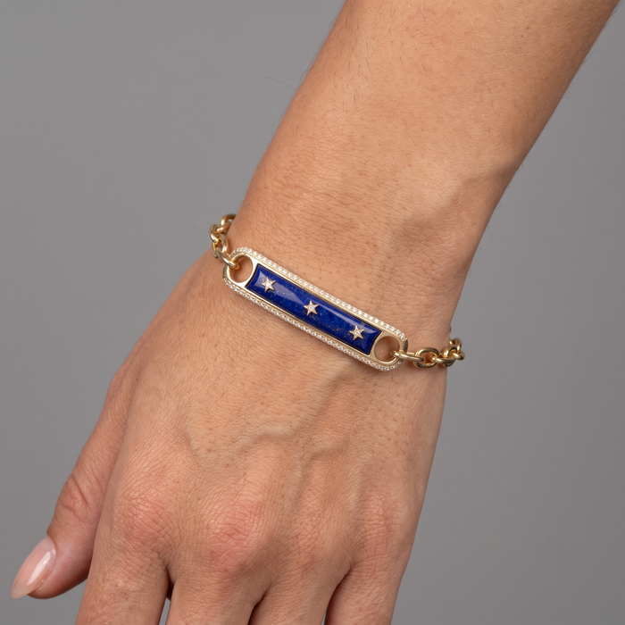 Lapis Inlay Diamond Frame Star Bar Charm Bracelet in 14K Yellow Gold