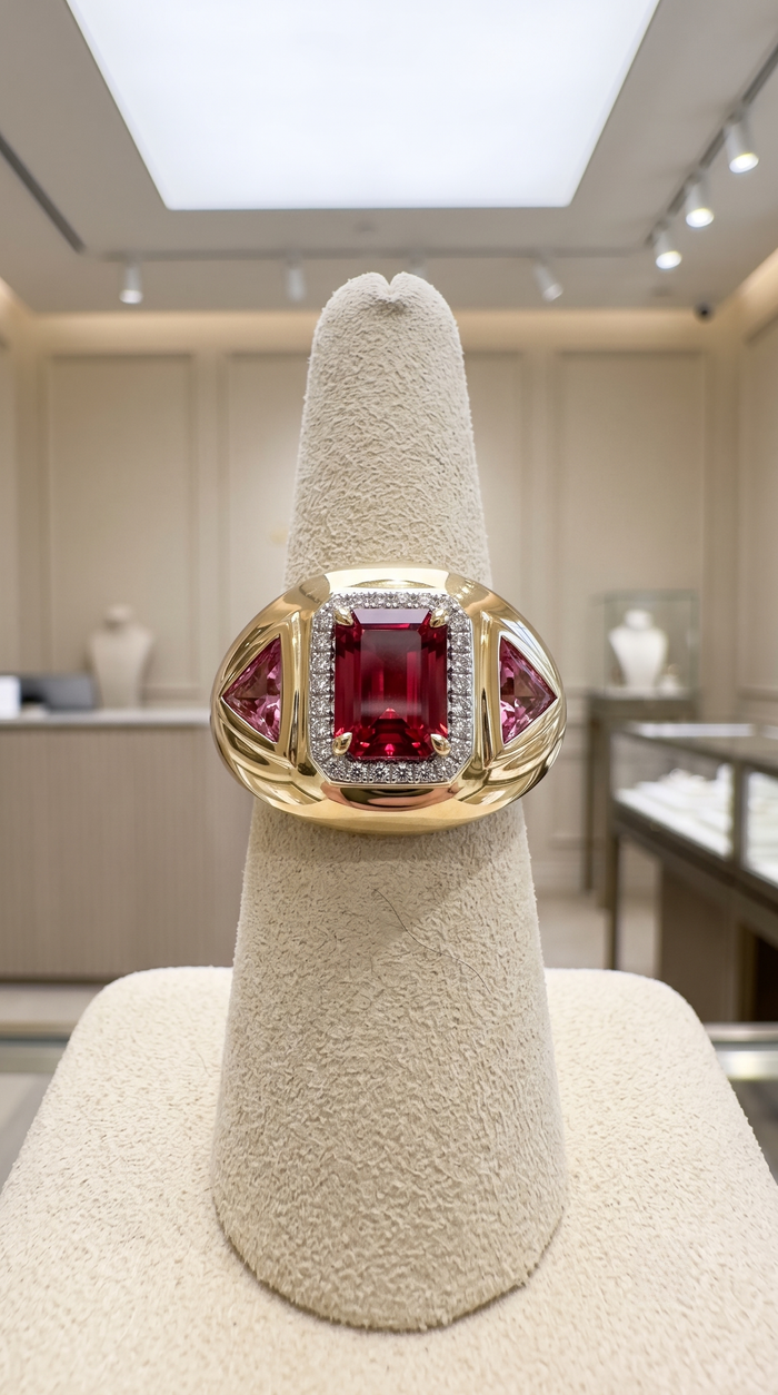 Emerald-Cut Ruby Pink Sapphire Statement Ring in 14K Yellow Gold