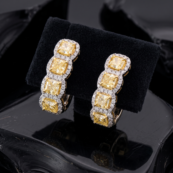 Cushion Cut 18K Yellow Diamond Huggie Hoop Earrings