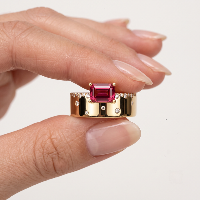 Emerald-Cut Pink Tourmaline Diamond Ring in 14K Yellow Gold