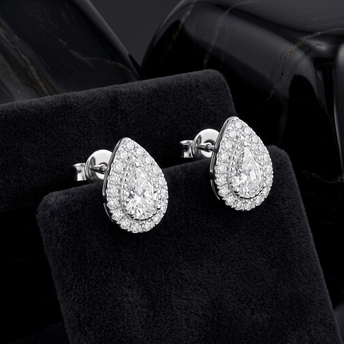 Teardrop Halo Diamond Stud Earrings in 18K White Gold