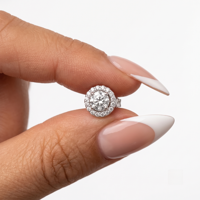 Round Cut Baguette Diamond Earrings in 14K White Gold