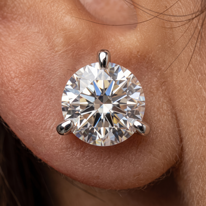 Three Prong Martini Push Back Diamond Stud Earrings in 14K Gold