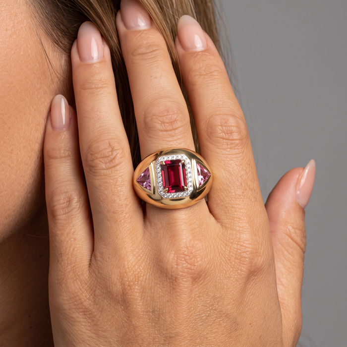 Emerald-Cut Ruby Pink Sapphire Statement Ring in 14K Yellow Gold