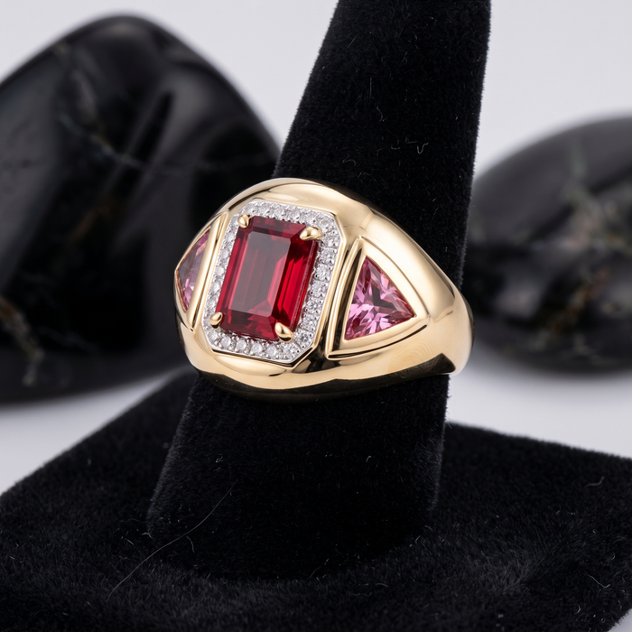 Emerald-Cut Ruby Pink Sapphire Statement Ring in 14K Yellow Gold